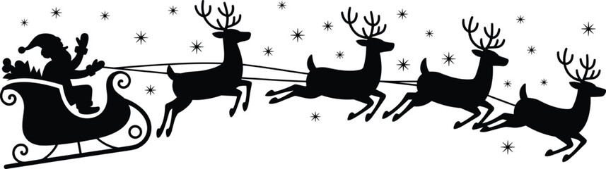 Black silhouette Santa Claus riding sleigh with reindeer flying vector illustration Christmas holiday decoration design graphic element isolated © Ashik World
