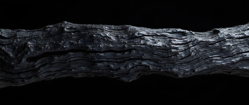 Rameau de bois brut noir isol&eacute; sur fond noir, ligne difforme traversant la largeur, texture bois fonc&eacute;