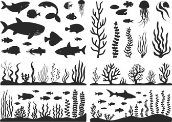 Black silhouette sea animal set whale fish jellyfish vector illustration underwater coral reef seaweed graphic element isolated on white © Ashik World