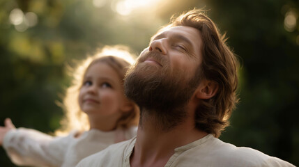 Fototapeta premium Faceless portrait of happy father jesus and his daughter in park, familial religious imagery, parental divine figure, outdoor spiritual moment, defocused faces enjoying nature, wit
