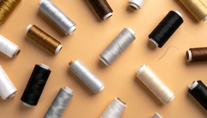 Circular arrangement of colorful sewing threads with buttons, needle, and pin on a beige surface.