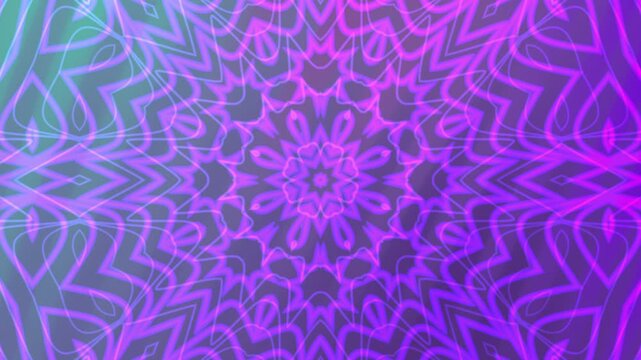 Purple and green kaleodoscope overlay mandala pattern suitable for backgrounds, textiles, prints, yoga mats, and meditation tools due to its intricate design.