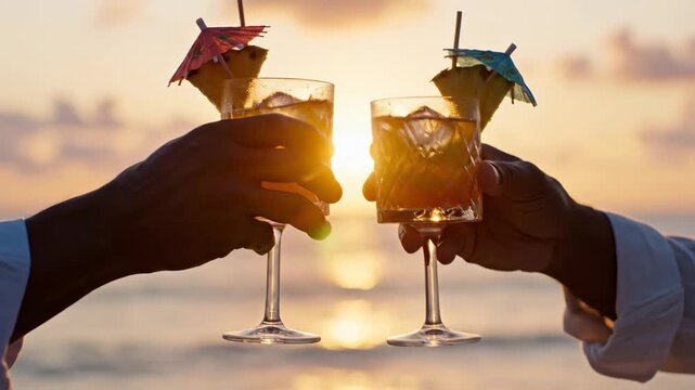 Cheers with tropical drinks at sunset on the beach with colorful umbrellas