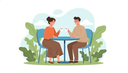 Happy Couple Enjoying Coffee Together in Modern Outdoor Setting