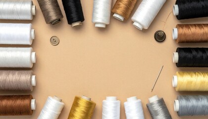 Circular arrangement of colorful sewing threads with buttons, needle, and pin on a beige surface.