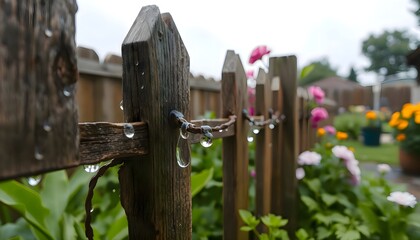 Wooden fence surface covered with water droplets after rain, detailed outdoor texture showing wet wood material, natural moisture and weather impact in rustic setting