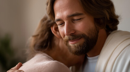 Obraz premium Faceless Jesus embracing person in need, divine comfort, compassionate hug, spiritual consolation, holy figure comforting distressed, religious care gesture, defocused embrace, wit