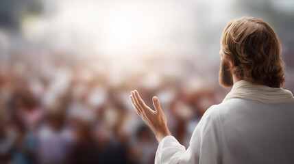 Faceless Jesus talking to crowd of people, addressing multitude, preaching to gathering, teaching masses, spiritual instruction to group, defocused figures, with copy space