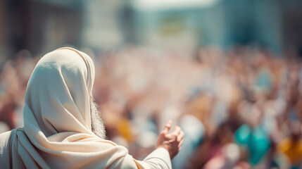 Faceless Jesus giving profound lesson to crowd captured from behind, teaching moment, sermon perspective, spiritual instruction, back view of savior addressing masses, defocused fi