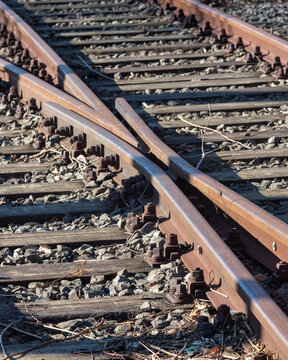 Railway switch junction showing intersecting tracks under bright sunlight in a rural area