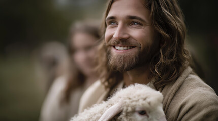 Faceless jesus christ peacefully holding lamb and smiling with disciples in rural setting, pastoral scene, good shepherd with followers, countryside biblical moment, defocused face