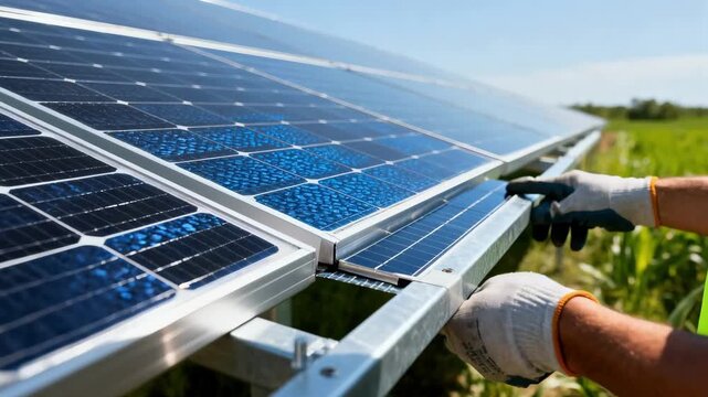 Worker installs polycrystalline solar cells on panel frame highlighting clean renewable energy maintenance in a sustainable environment