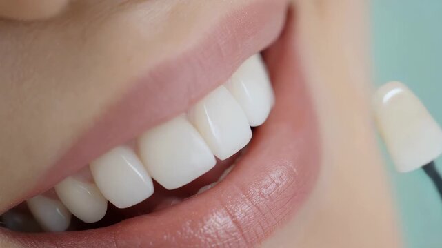 A woman's bright, radiant smile showcases her perfectly aligned, white teeth and soft pink lips, conveying confidence and beauty