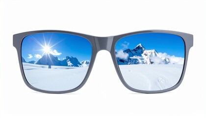 Sunglasses reflect snowy mountains and blue sky with bright sun in winter scenery
