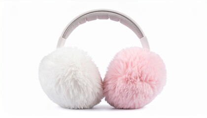 Warm fluffy headphones in white and pink on a simple background with no distractions during a quiet moment at home