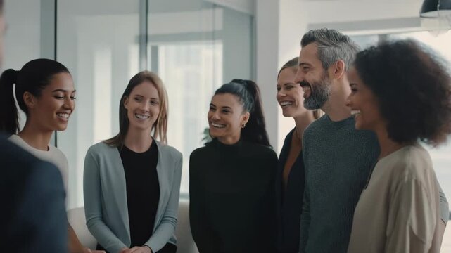 A team of professionals sharing a moment of joy and camaraderie while working together in a bright, contemporary workspace