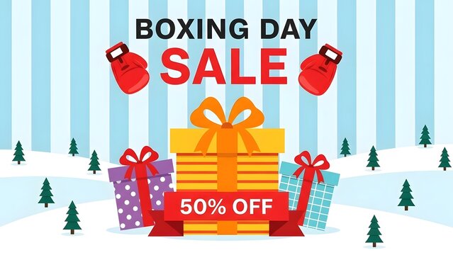 Colorful illustration of boxing day sale with gifts and winter elements on blue striped background - Powered by Adobe