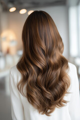 Rear view of woman with long wavy brown hair with healthy shine in beauty salon