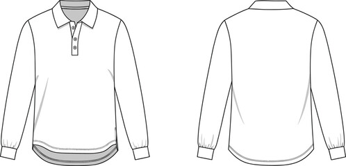 Long sleeve polo shirt technical fashion template, detailed apparel sketch, garment design blueprint, cad drawing flat vector illustration front back