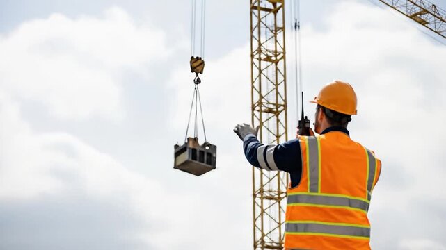 Safety-Conscious Male Construction Worker in Orange Vest and Hard Hat Coordinating Crane Operations