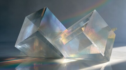 Translucent crystalline wall composed of angular overlapping shards refracting subtle rainbow glints under controlled light shadows accurate and
