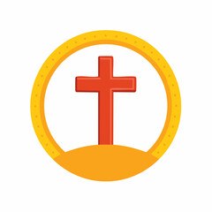 Obraz premium Red Christian Cross Symbol Centered in an Illuminated Golden Ring with Yellow Curved Ground, a Religious Icon