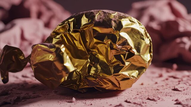 Gold Candy Wrapper Crumpling on a Dusty, Pink Surface