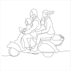 family riding a motorbike, line art, Asian family riding motorcycle in country road