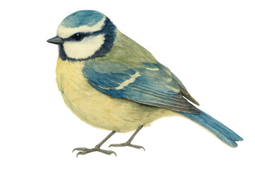 Obraz premium Blue tit bird watercolor illustration. Small songbird eurasian wildlife drawing with blue, yellow and white plumage