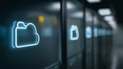 A futuristic data center, its servers gleaming. Digital icons illuminate, representing secure data storage and advanced technology.
