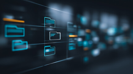 Digital data folders, connected with lines of code, showcasing technological innovation and data organization. The futuristic rendering highlights data storage, management, and digital advancement.