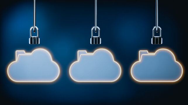 Three glowing cloud icons are suspended against a dark blue background, each connected to a hanging mechanism, symbolizing the interconnectedness and accessibility of digital information. - Powered by Adobe