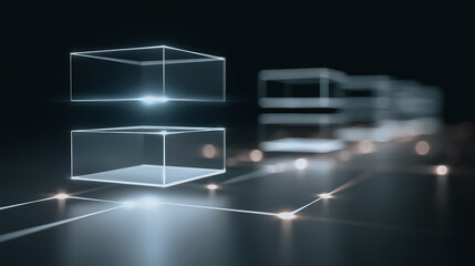 A futuristic abstract composition, with two transparent geometric cubes floating and an array of streamlined transport vehicles, with interconnecting glowing network lines.