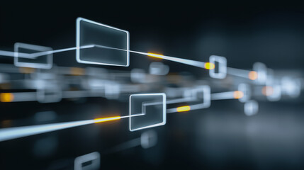 Illuminating the intricate network of digital connections, lines of light weave through a series of glowing translucent frames, creating a mesmerizing tapestry of interconnectedness and technology.