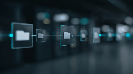 Data flow of folders represented as interconnected digital symbols within a futuristic technological environment.