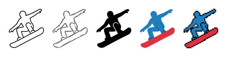 Collection of snowboarder icons showing a jump, with each graphic element designed in a unique style like outline, hand-drawn, solid black silhouette, colorful flat, and retro pixel art