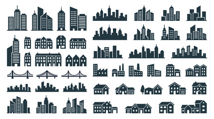 Obraz premium Large collection of flat building icons representing various urban and suburban architecture including skyscrapers, houses, factories, bridges, and city skyline silhouettes
