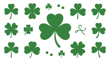 Many green shamrocks and three leaf clovers in various sizes spread across a white background