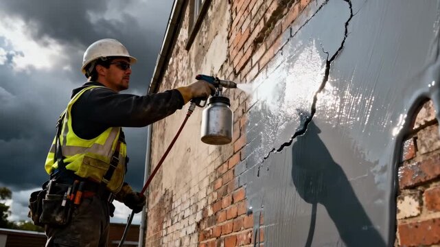 Medium shot of a technician applying elastomeric coating to an exterior wall showcasing flexible protection against cracks and extreme weather conditions.