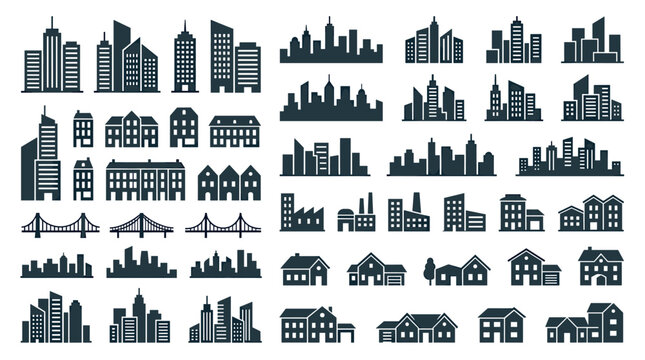 Large collection of flat building icons representing various urban and suburban architecture including skyscrapers, houses, factories, bridges, and city skyline silhouettes