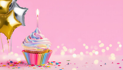 birthday cupcake with candle. Birthday - Cupcake With Candle And Pink Decoration  