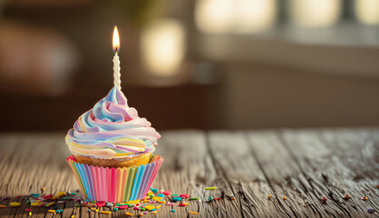 birthday cupcake with candle. Birthday - Cupcake With Candle And wooden with Decoration  