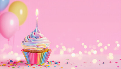 birthday cupcake with candle. Birthday - Cupcake With Candle And Pink Decoration  