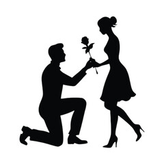 Romantic Gesture Silhouette &ndash; Vector Illustration of Kneeling Figure Offering Rose for Love & Proposal