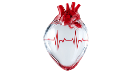 A 3D rendering of a human heart with a heartbeat line, symbolizing life and health, isolated on a white background.
