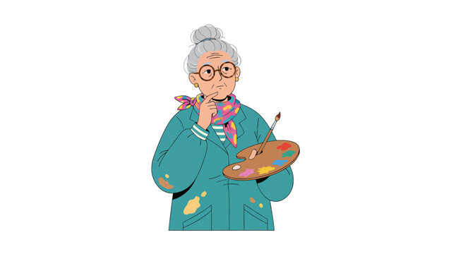 Elderly Artist Woman Holding Palette and Brush Deep in Thought.