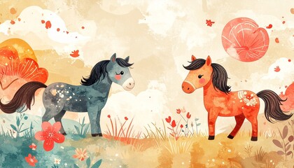 手描き風の馬と和紙のナチュラル背景：午年の年賀状や雑貨に最適な素朴で温かい和モダン素材