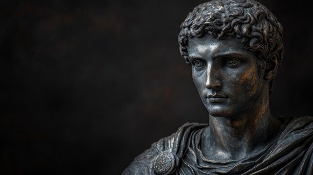 Bronze bust of Roman emperor on dark background, dramatic light