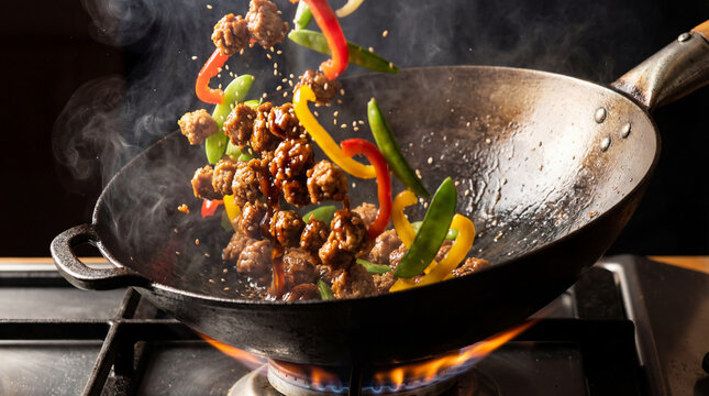 textured soy with colorful vegetables in a frying pan