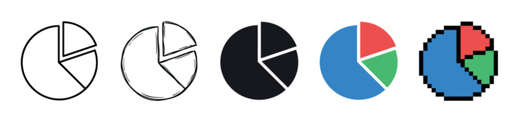 Fototapeta premium Set of five pie chart icons in various design styles including line art, hand drawn sketch, solid glyph, flat color, and pixel art for data visualization